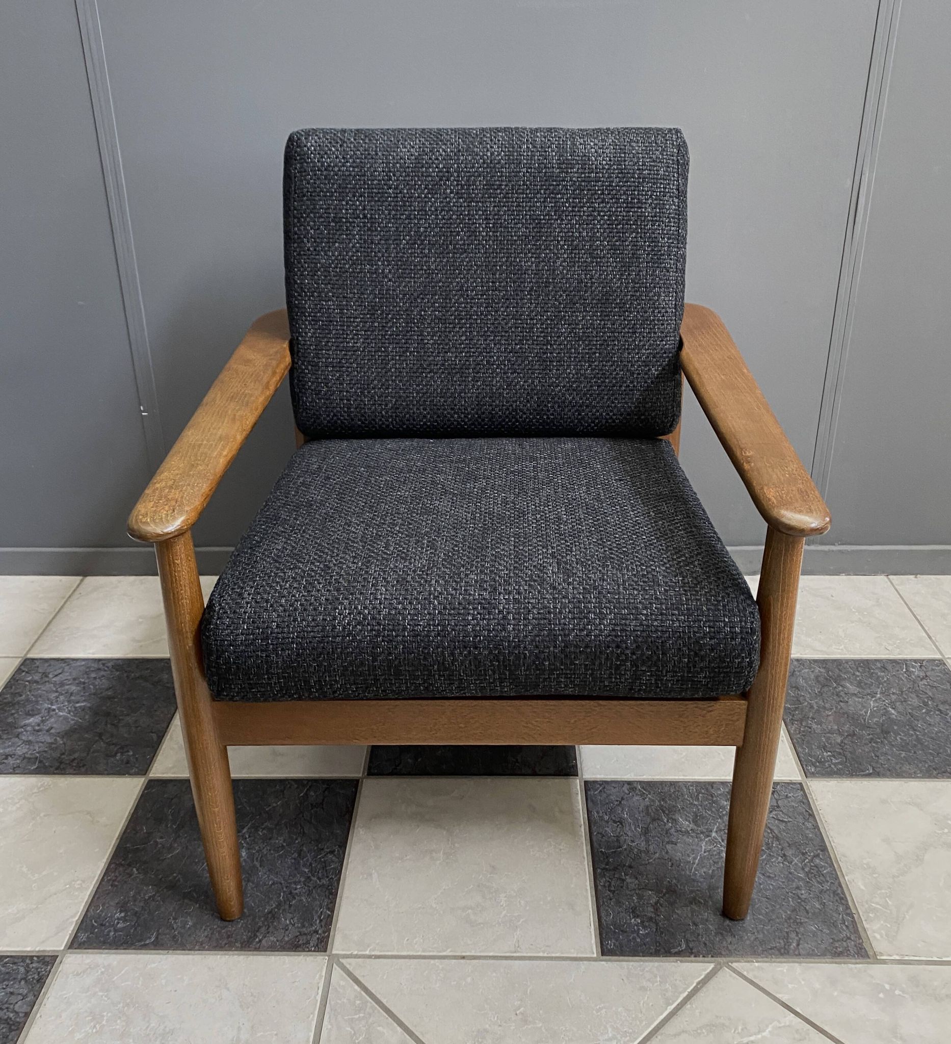 Black fabric relax chair, wiht wood frame 1960s