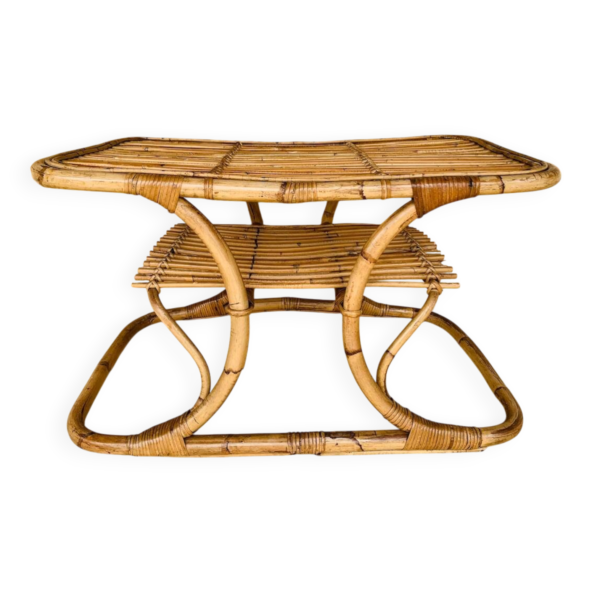 Table basse vintage en bambou et rotin dans le goût de Tito Agnoli, circa 1960