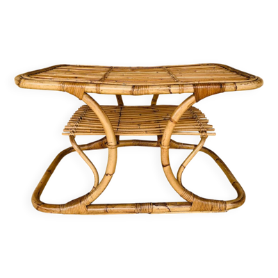 Table basse vintage en bambou et rotin dans le goût de Tito Agnoli, circa 1960