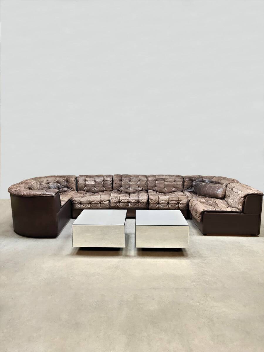 Vintage design modular lounge sofa brown leather