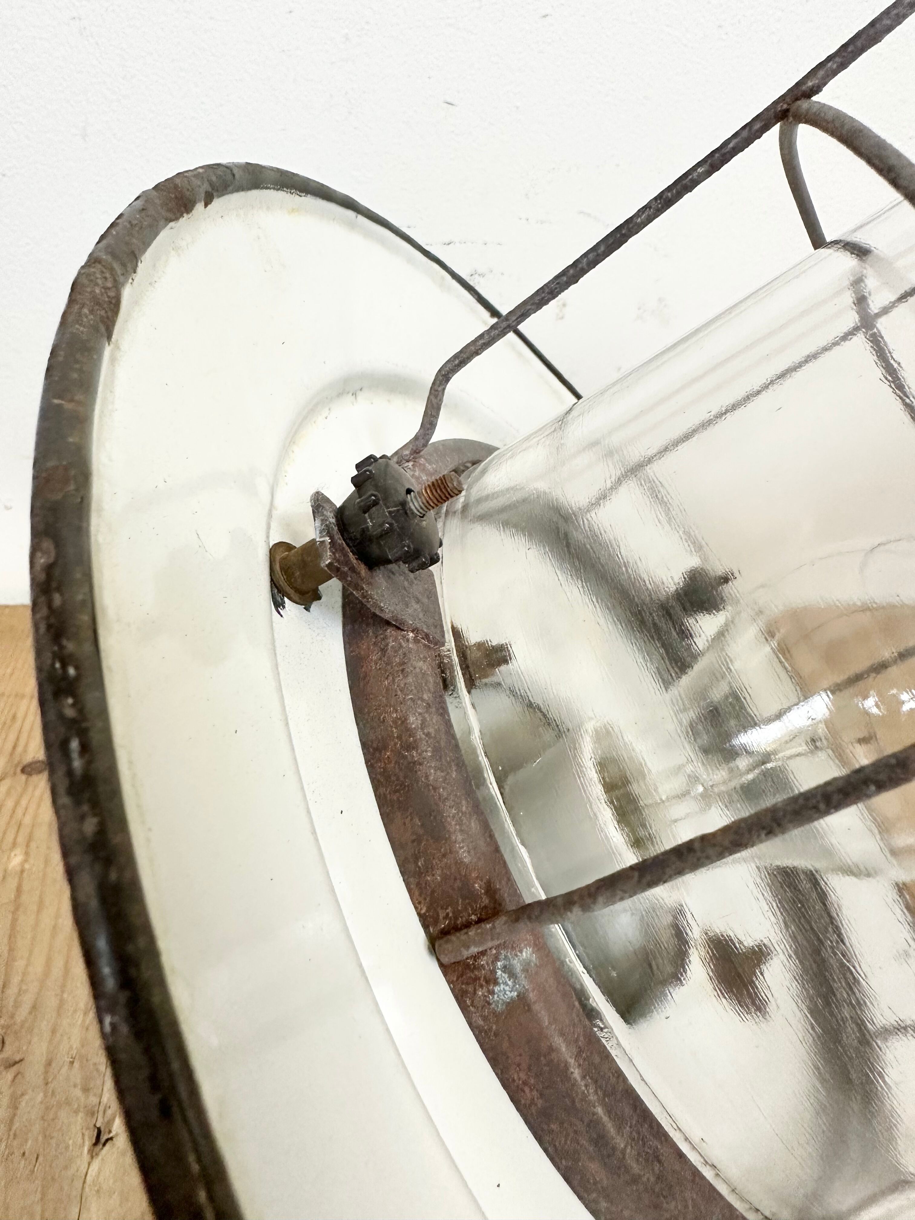 Industrial green enamel cage pendant light, 1960s
