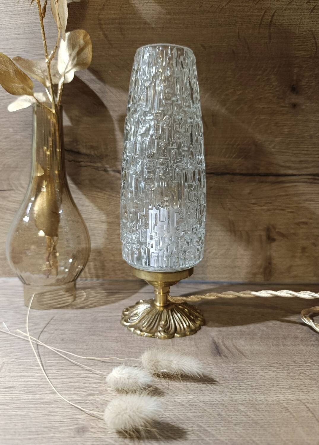 Chic retro table lamp in bronze, spindle glass Lumel, upcycled vintage