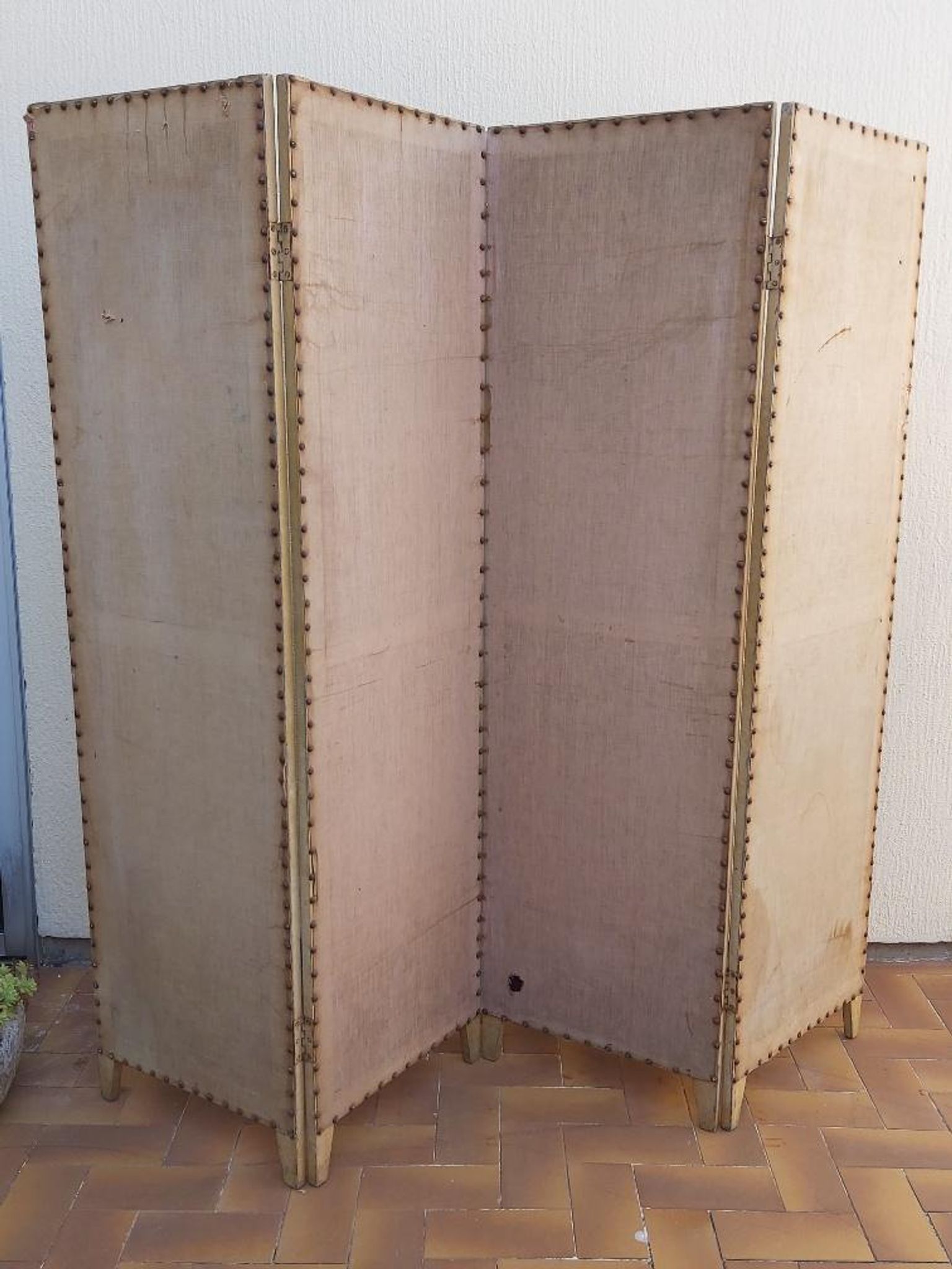 Paravent ancien 4 feuilles bois et tissu