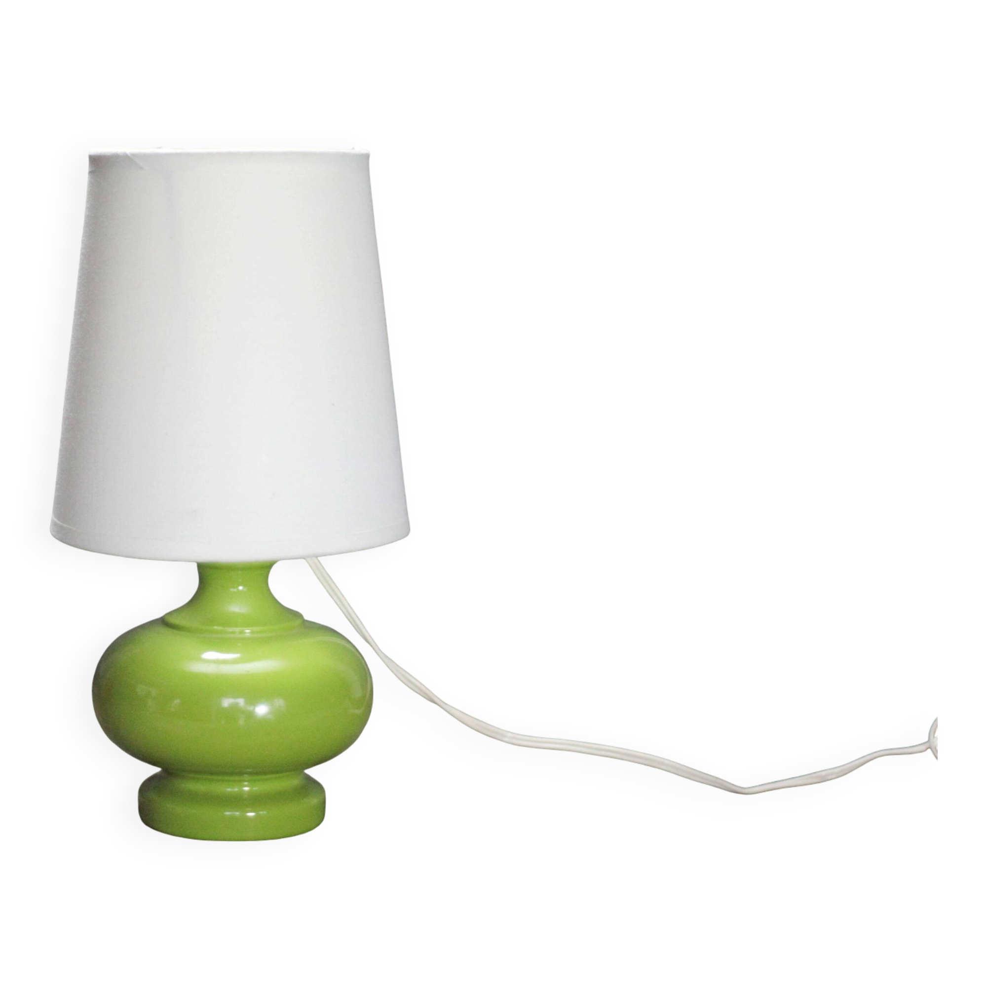 Green glass lamp with vintage shade, table lamp, lamp d