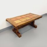 Vintage Brutalist Rustic Rectangular Coffee Table in Solid Oak and Ceramic from the 60s 70s