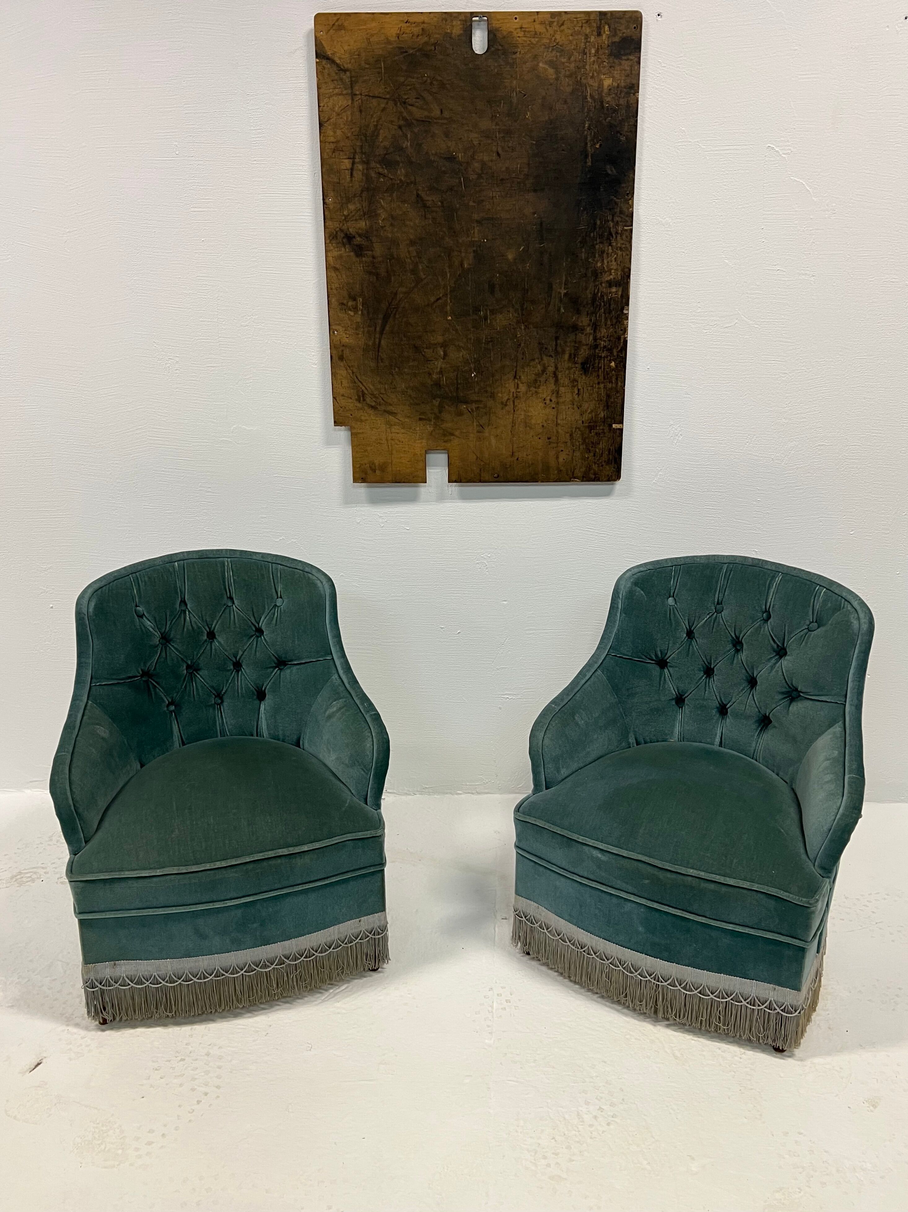 Duo of upholstered blue toad armchairs