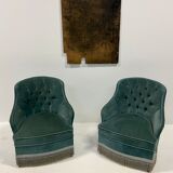 Duo of upholstered blue toad armchairs