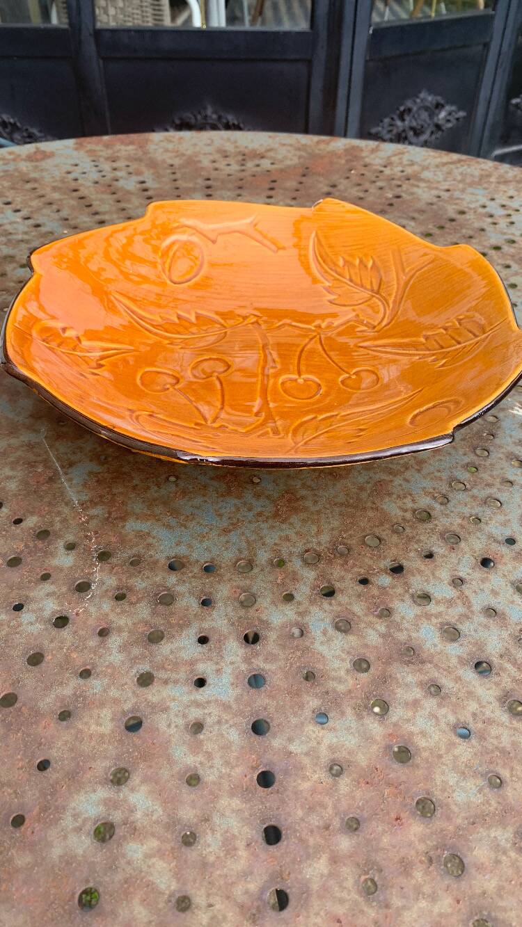 Enameled ceramic fruit bowl signed POET LAVAL, Drome France, with summer fruits