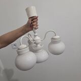 Antique vintage space age white pendant light, 4 opaline glass globes