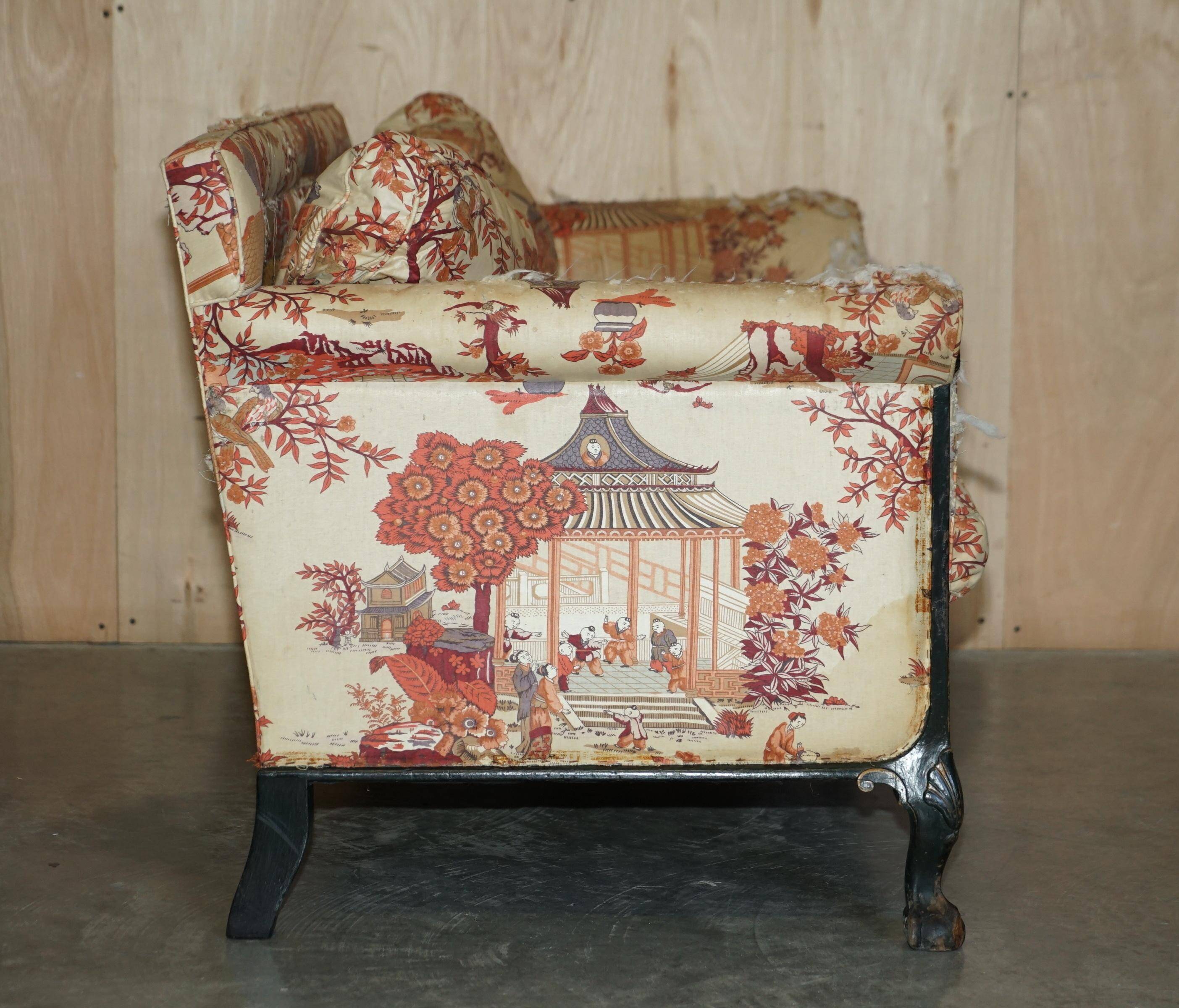 Antique Howard & Sons canapé, Aesthetic Movement, claw and ball feet, chinoiserie fabric.