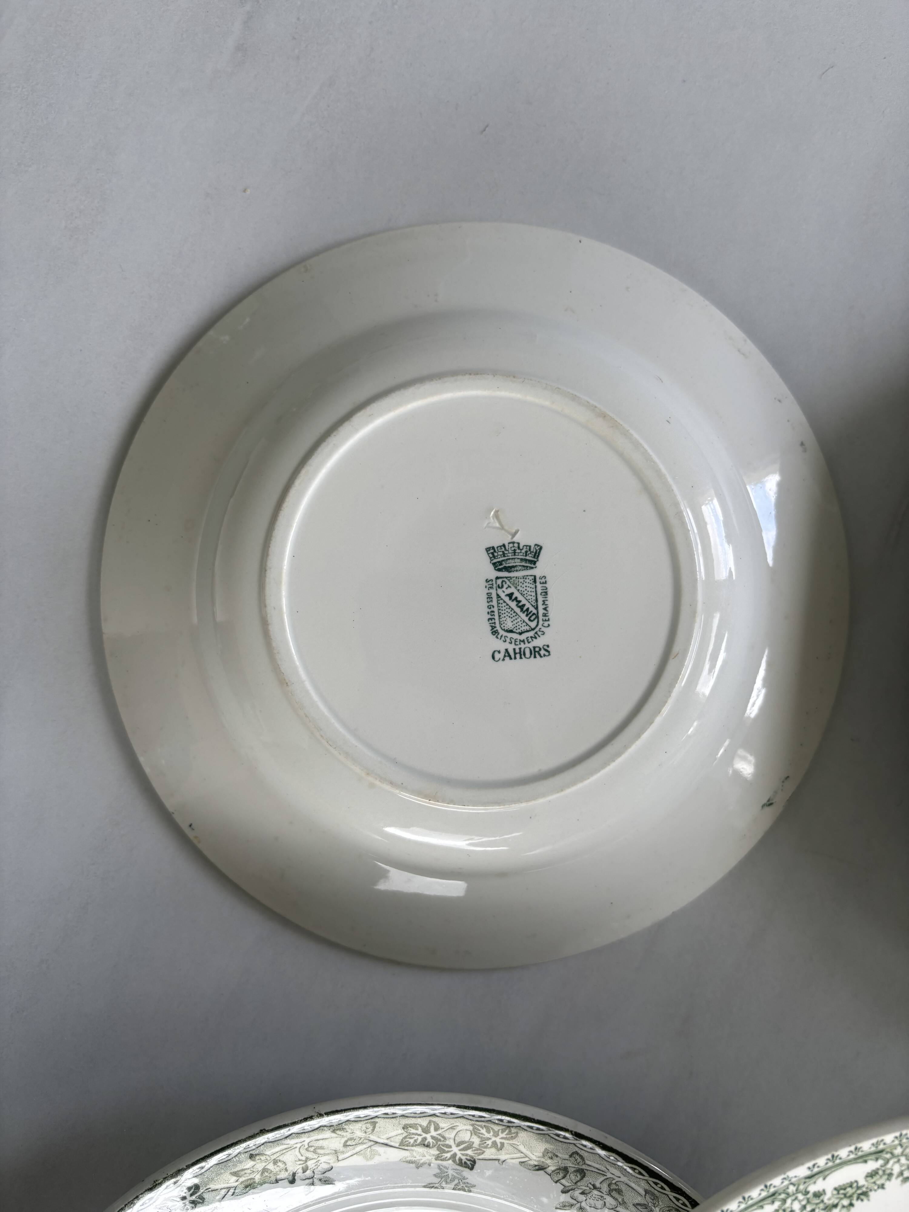 Set of 6 blue and green ironstone deep plates, French earthenware.