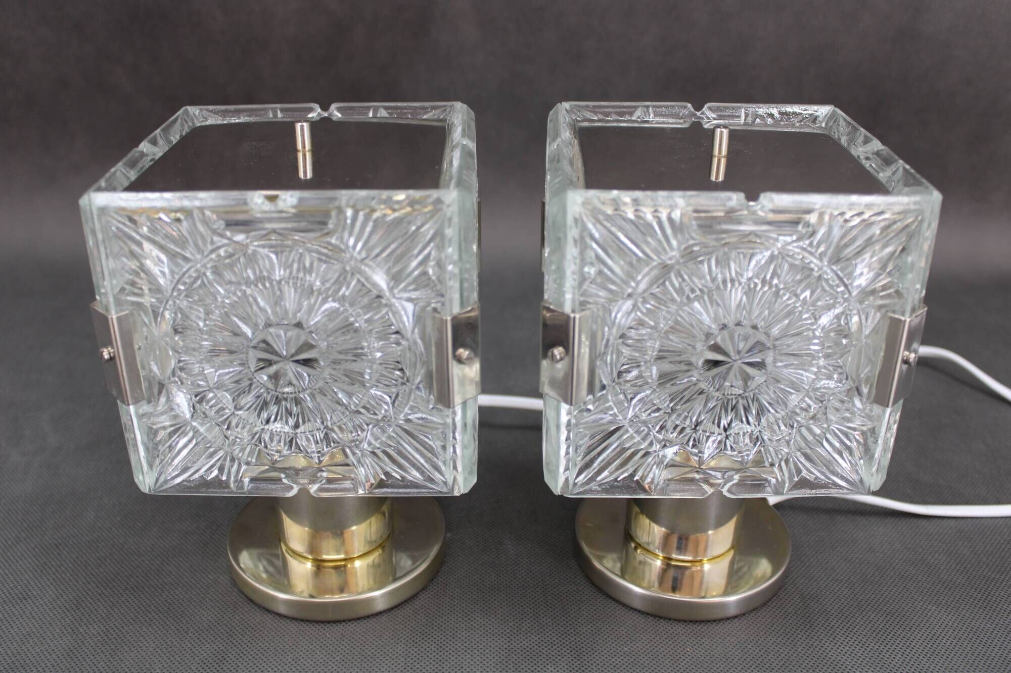 1970s Pair of Brass/Glass Table Lamps by Kamenicky Senov, Czechoslovakia