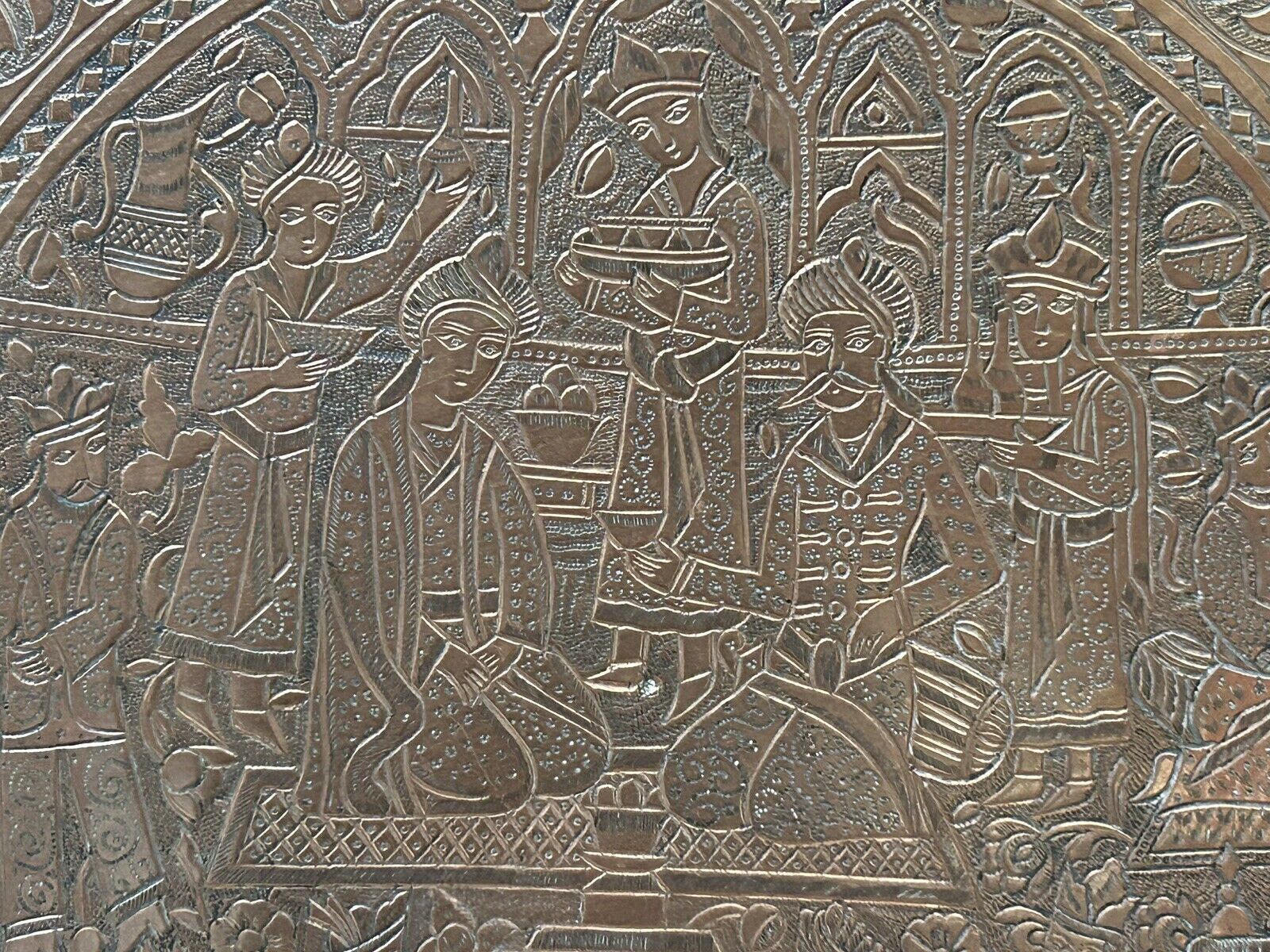 Large ancient copper tray, engraved Persia, offering scenes, vintage ethnic
