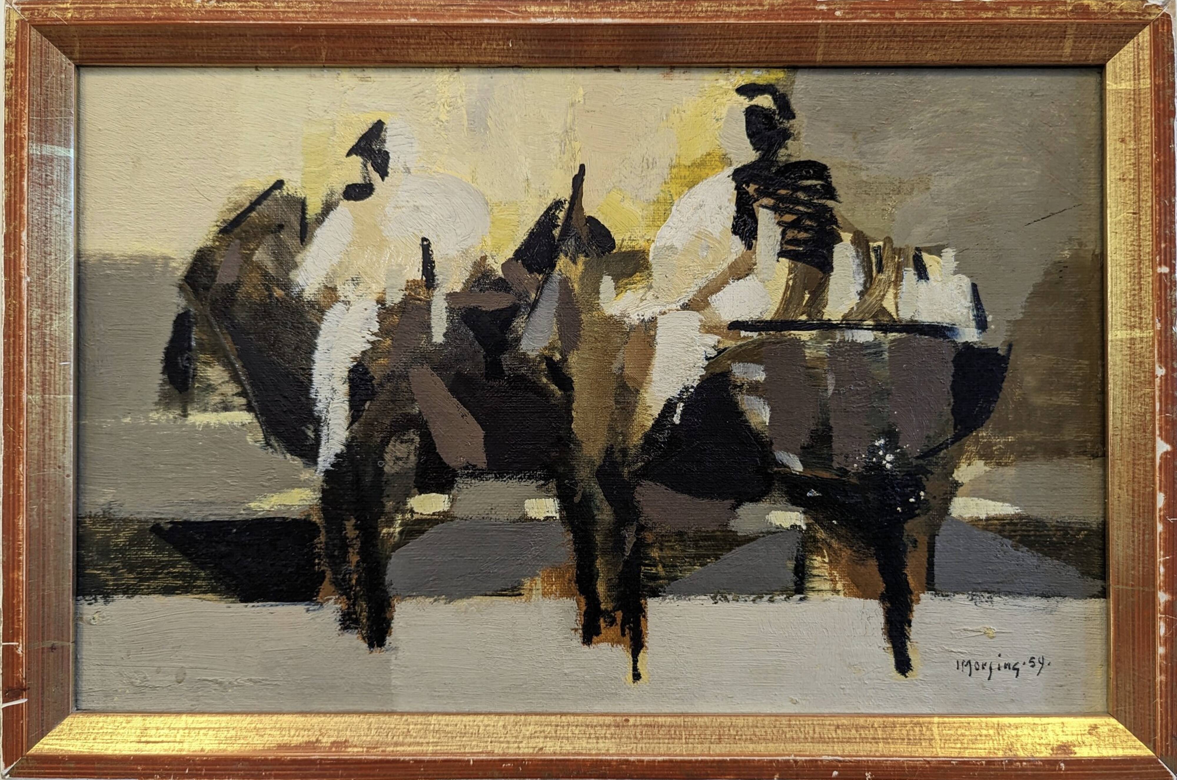 Mid-Century Modern Swedish "Altea" Vintage Abstract Figurative Oil Painting, Framed