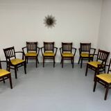 Lot de 8 anciennes chaises fauteuils de bistrot en bois et simili jaune 80’