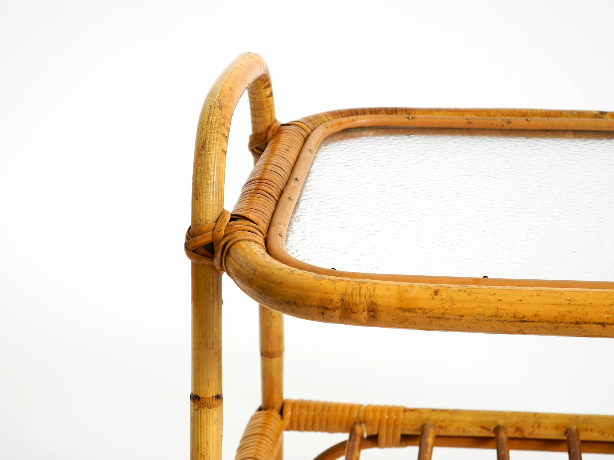 Lovely small Italian 60s bamboo side or coffee table with a iced glass top