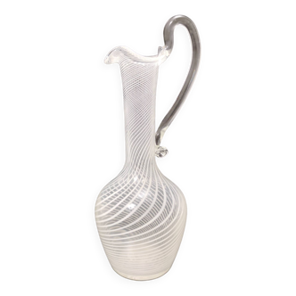 Vase pichet vintage en verre de Murano avec cannes blanches et transparentes, Italie