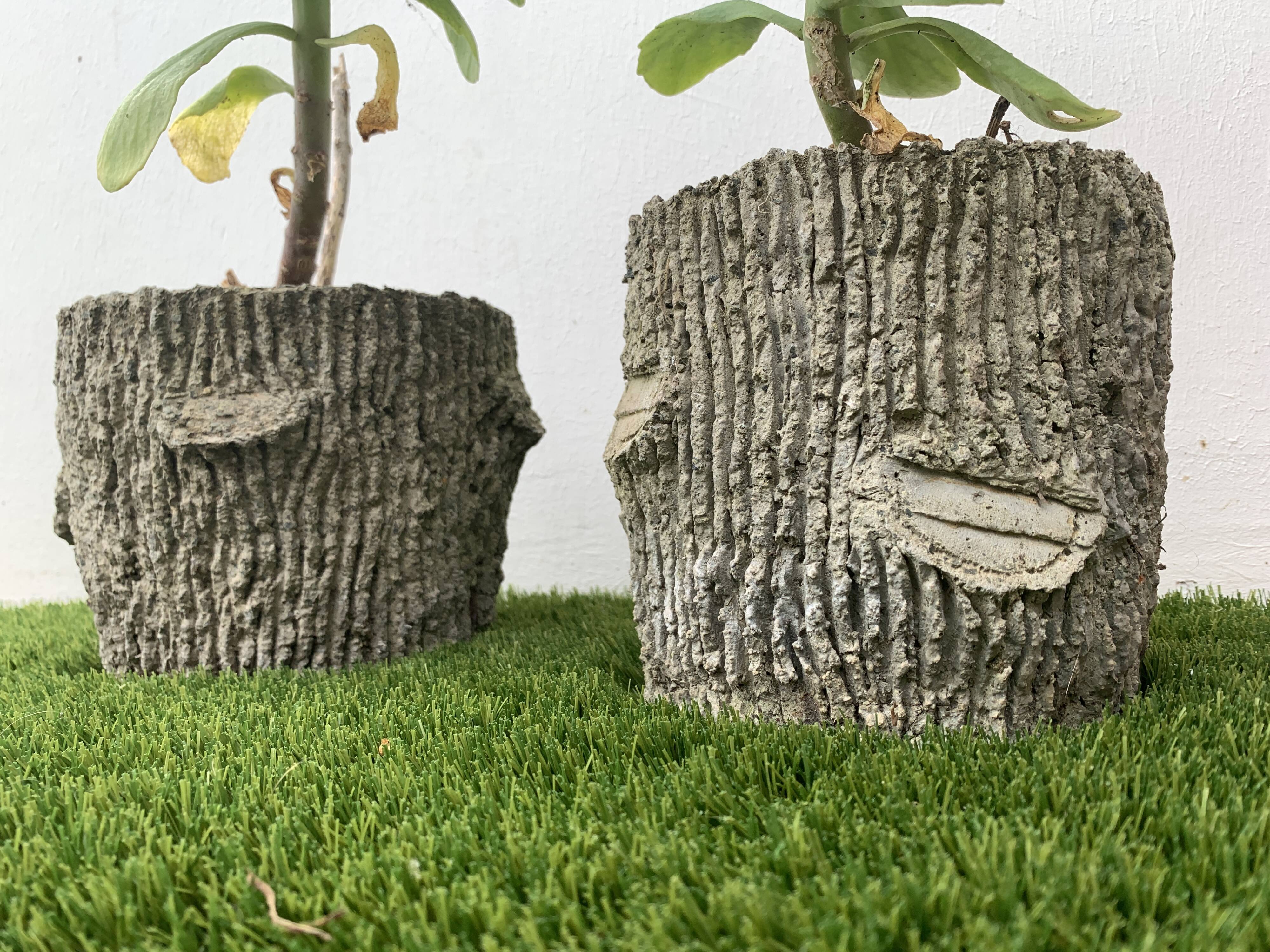 Two cement planters imitation tree trunks