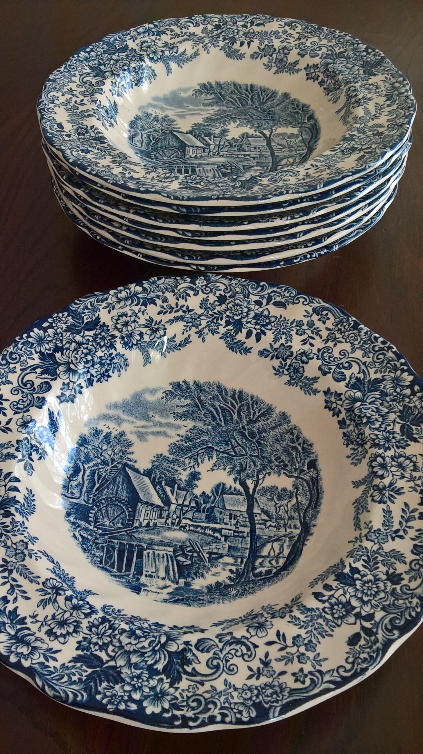 Eight English hollow plates Johnson Bros "Mill Stream"