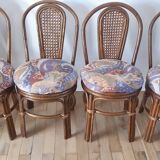 Set of 4 rattan / bamboo chairs and canning with cushions 50-60s