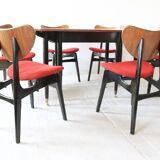 Mid-century mahogany wood and purple fabric set — drop-leaf table + 6 Butterfly chairs by G-Plan