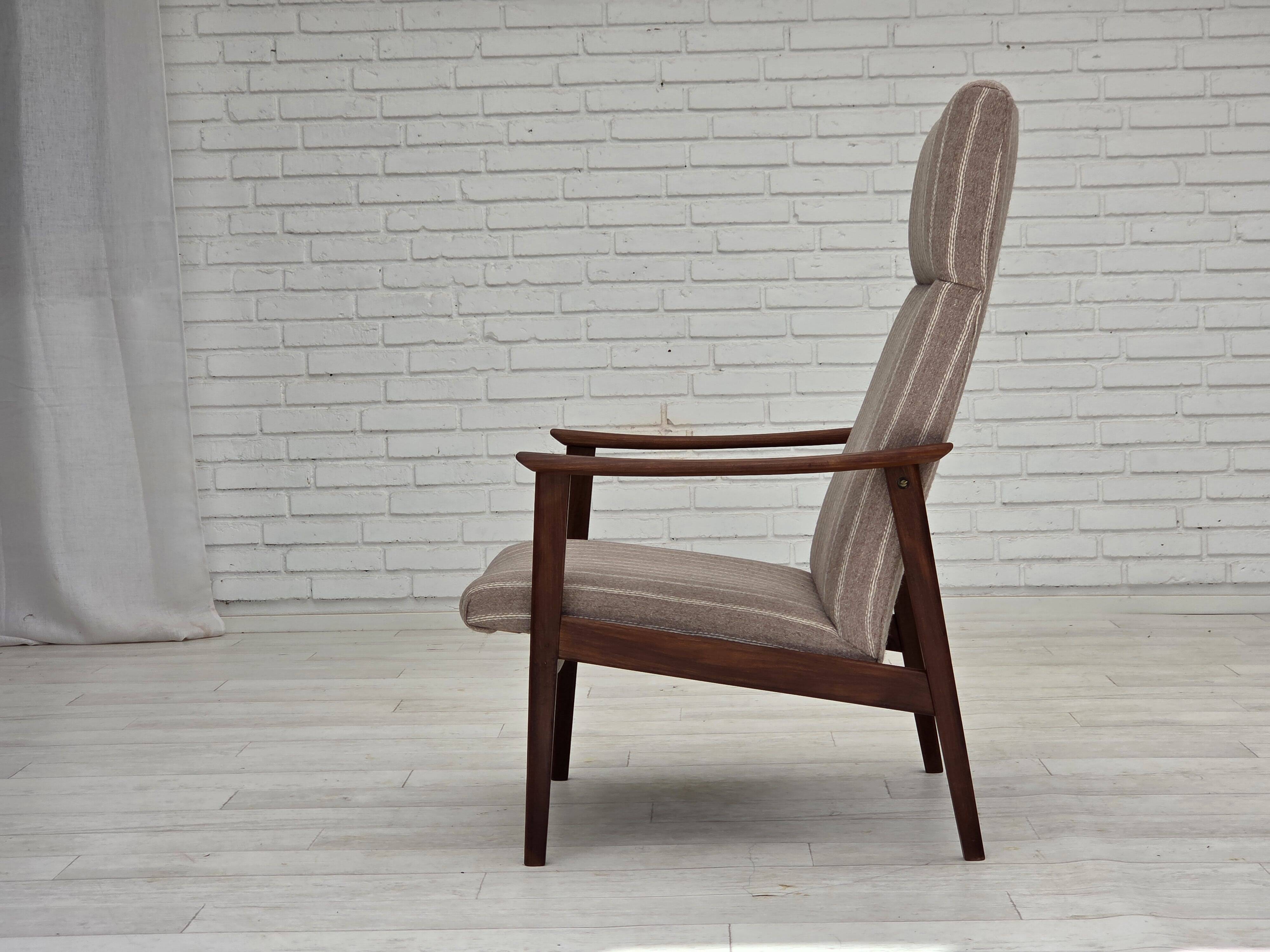 1970s, Danish highback armchair, furniture wool, teak wood, original.
