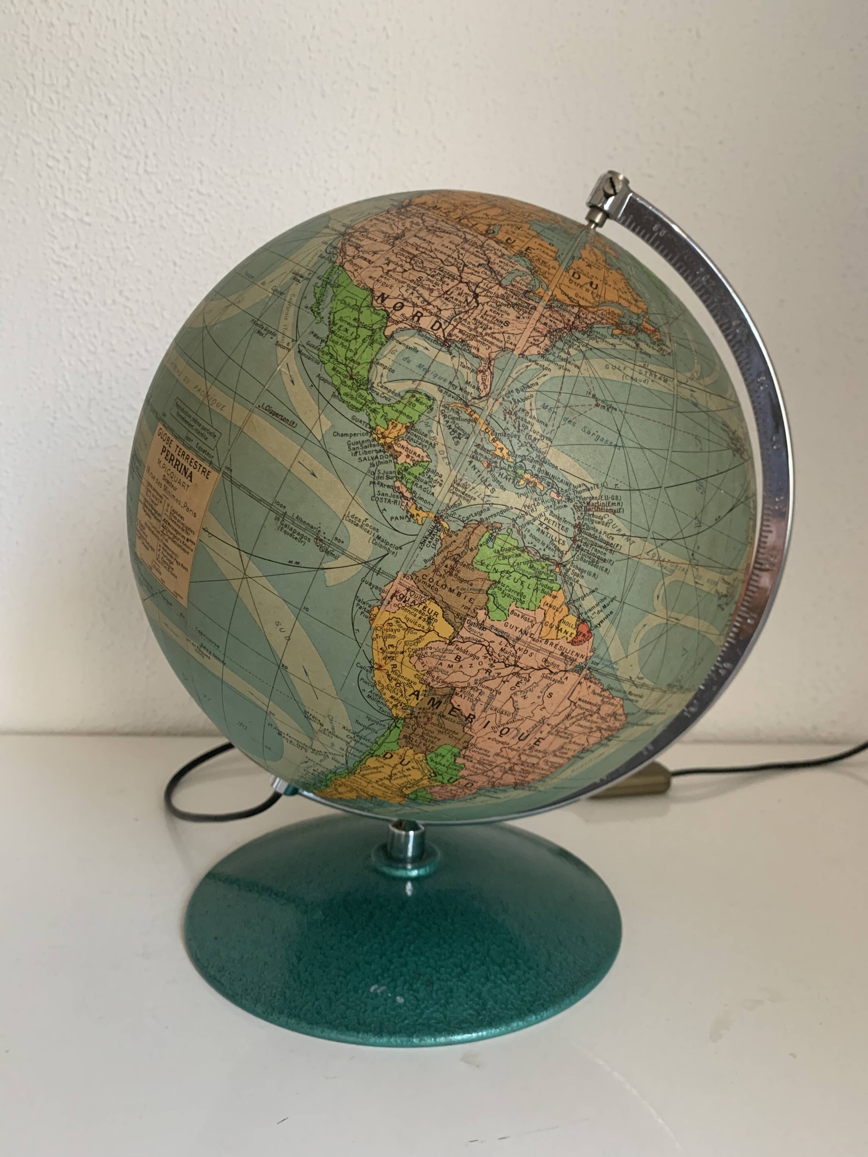 Globe vintage 1960 terrestre verre Perrina laqué vert mappemonde - 33 cm