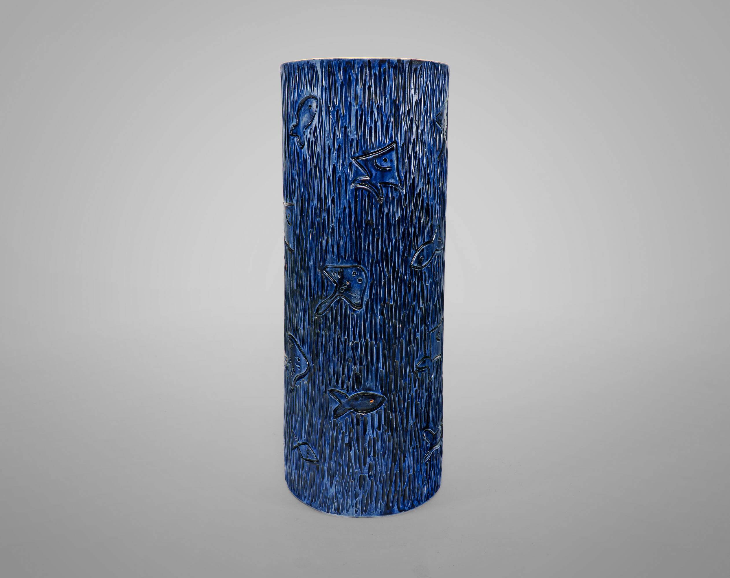 XL 1970s Blue Carved Fish Studio Pottery Vase by Hanen Ben Salah