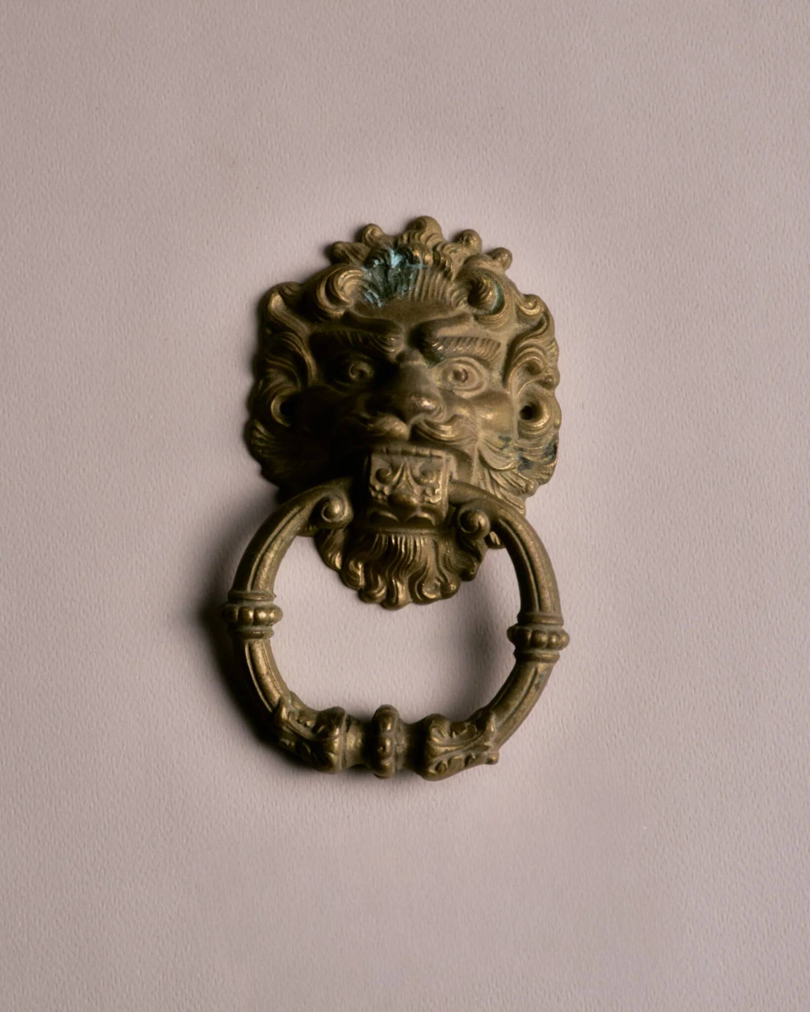 Lion door knocker, in brass