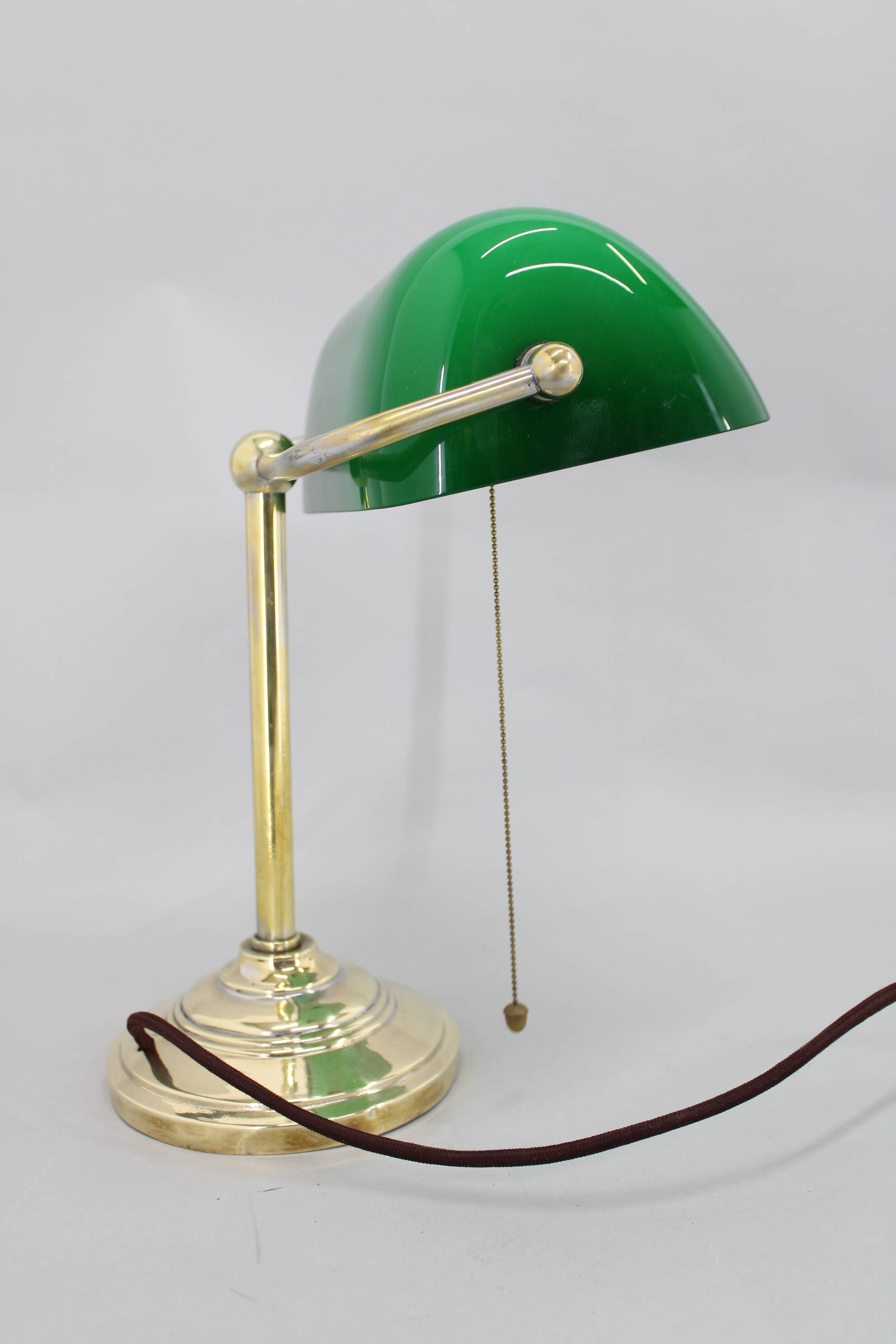 1930s Art Deco Brass  Banker Table Lamp with Glass Shade, Czechoslovakia