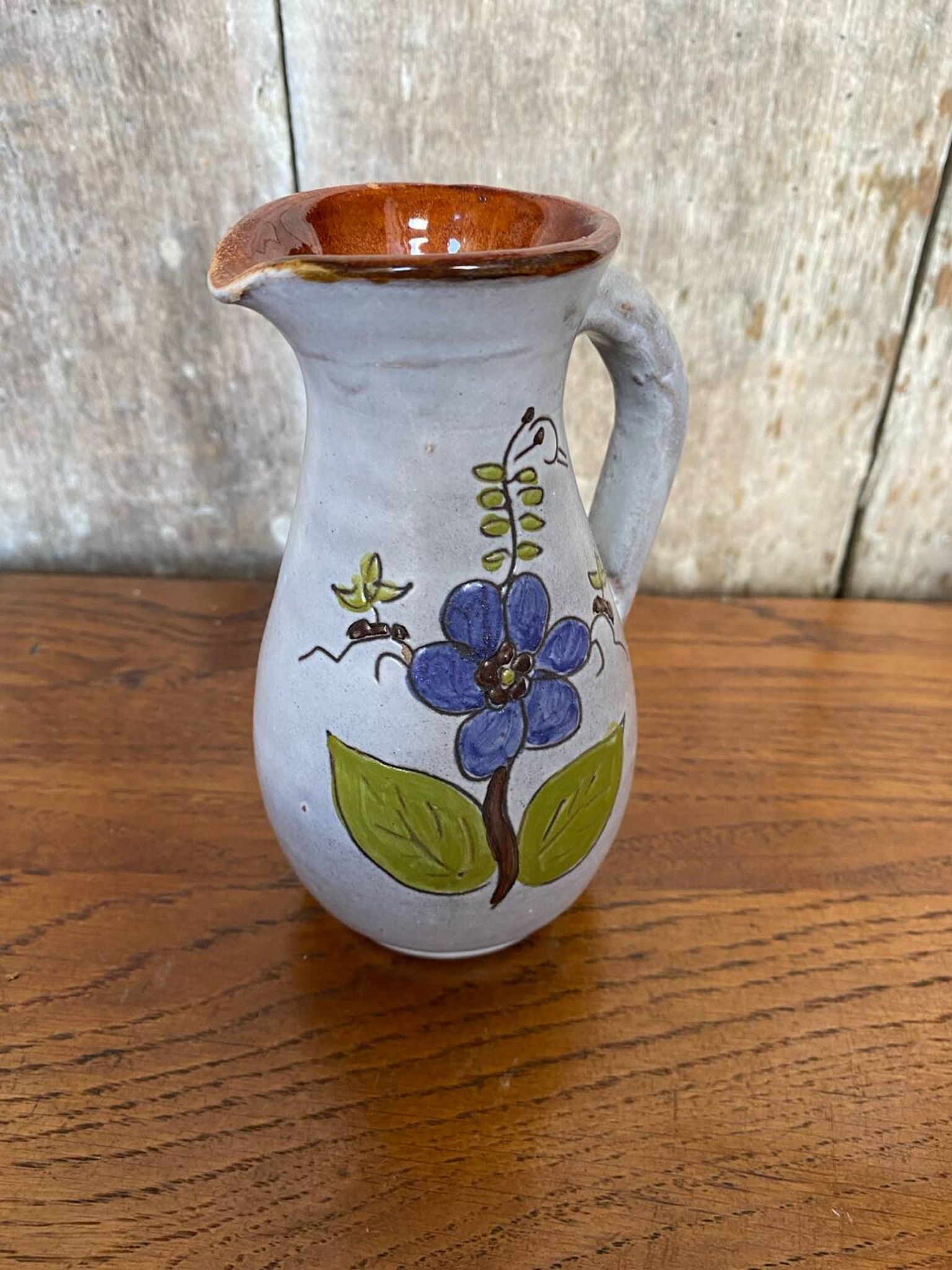 Antique grey enameled terracotta pitcher flower decor vintage kitchen