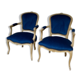 pair of Louis XV style armchairs in blue velvet