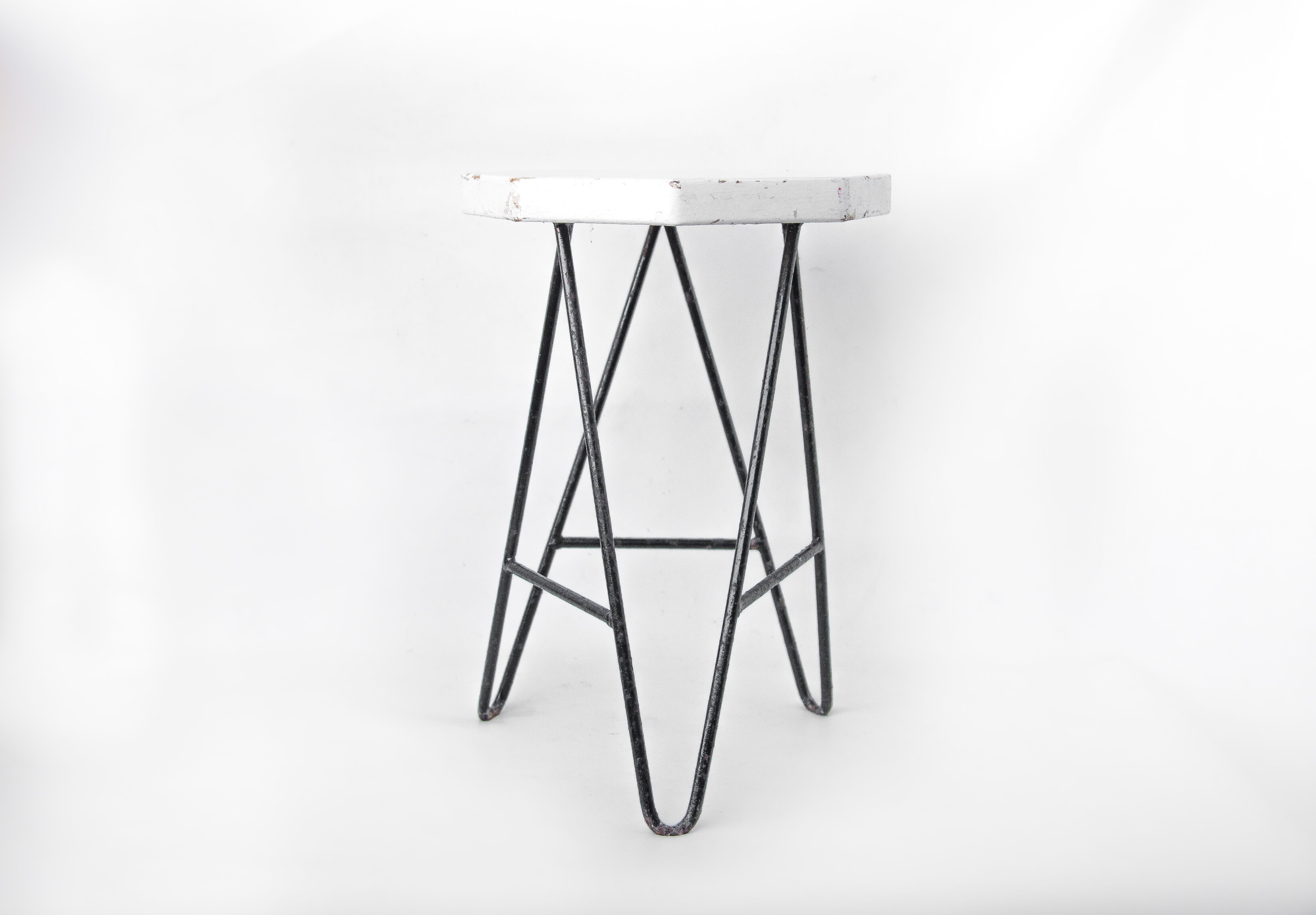 Vintage stool, wooden stool and iron structure, extra stool, octagonal wood seat, cui