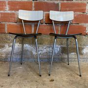 Pair of antique chrome metal chairs + white formica seat & back