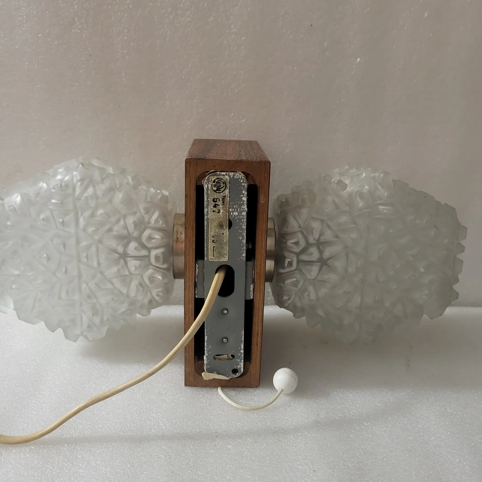 Set of 3 Temde Leuchten wall lights, Teck and frosted glass, 1950-60.