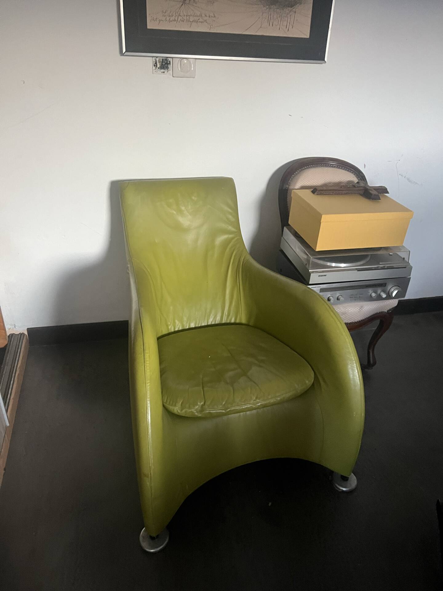 Lime green leather armchair by van den Bergh