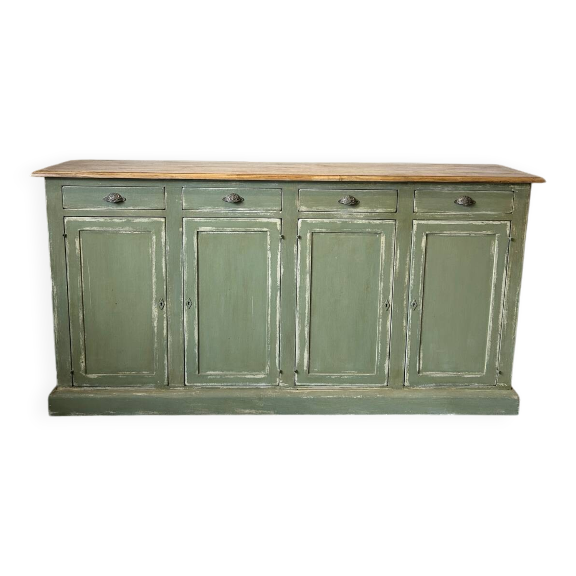 Antique green patinated grand buffet – 4 doors & 4 drawers – Wooden top