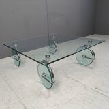 Vintage glass coffee table on wheels, 1980s - Italy