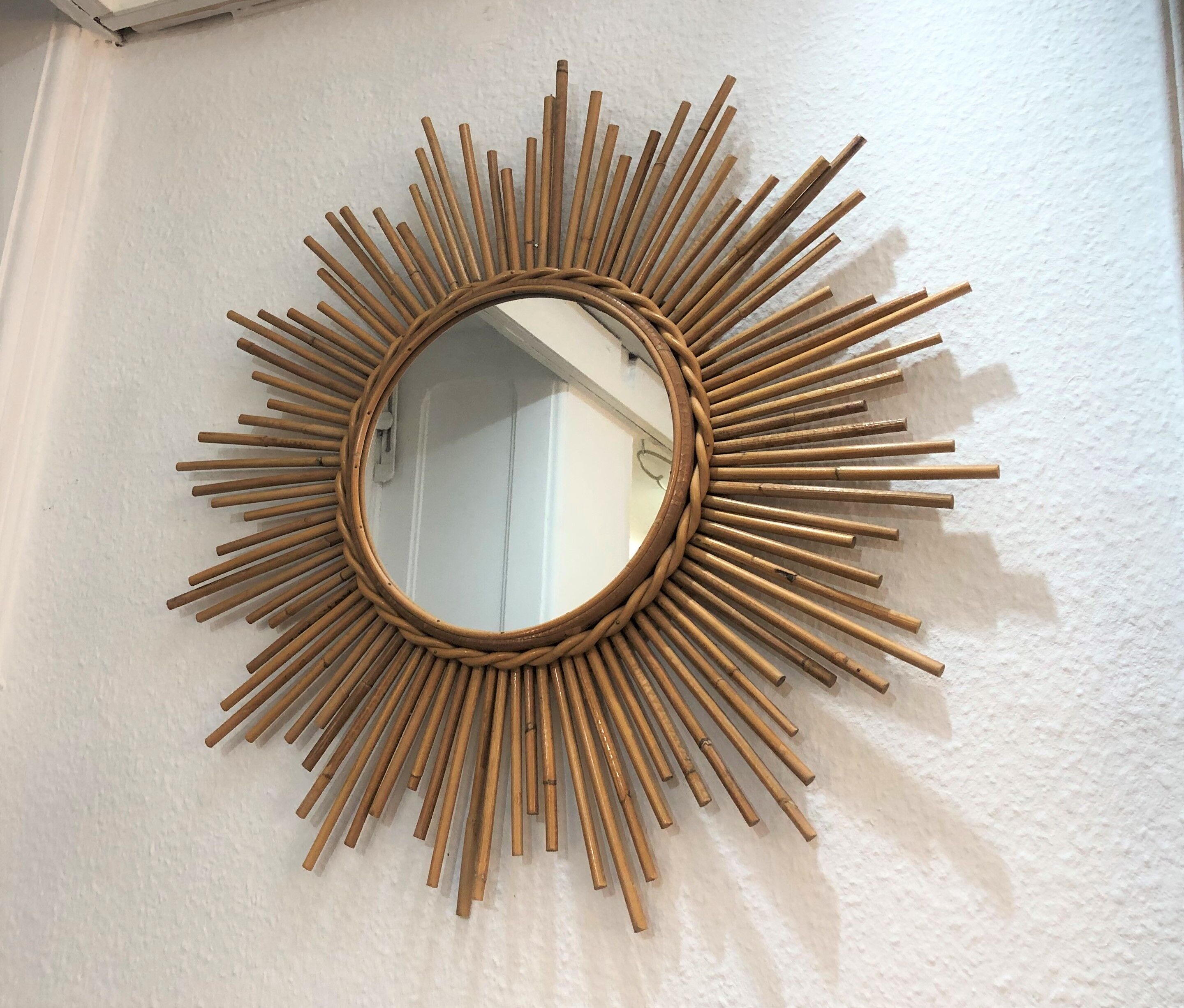 Old mirror soleil vintage in braided rattan 60