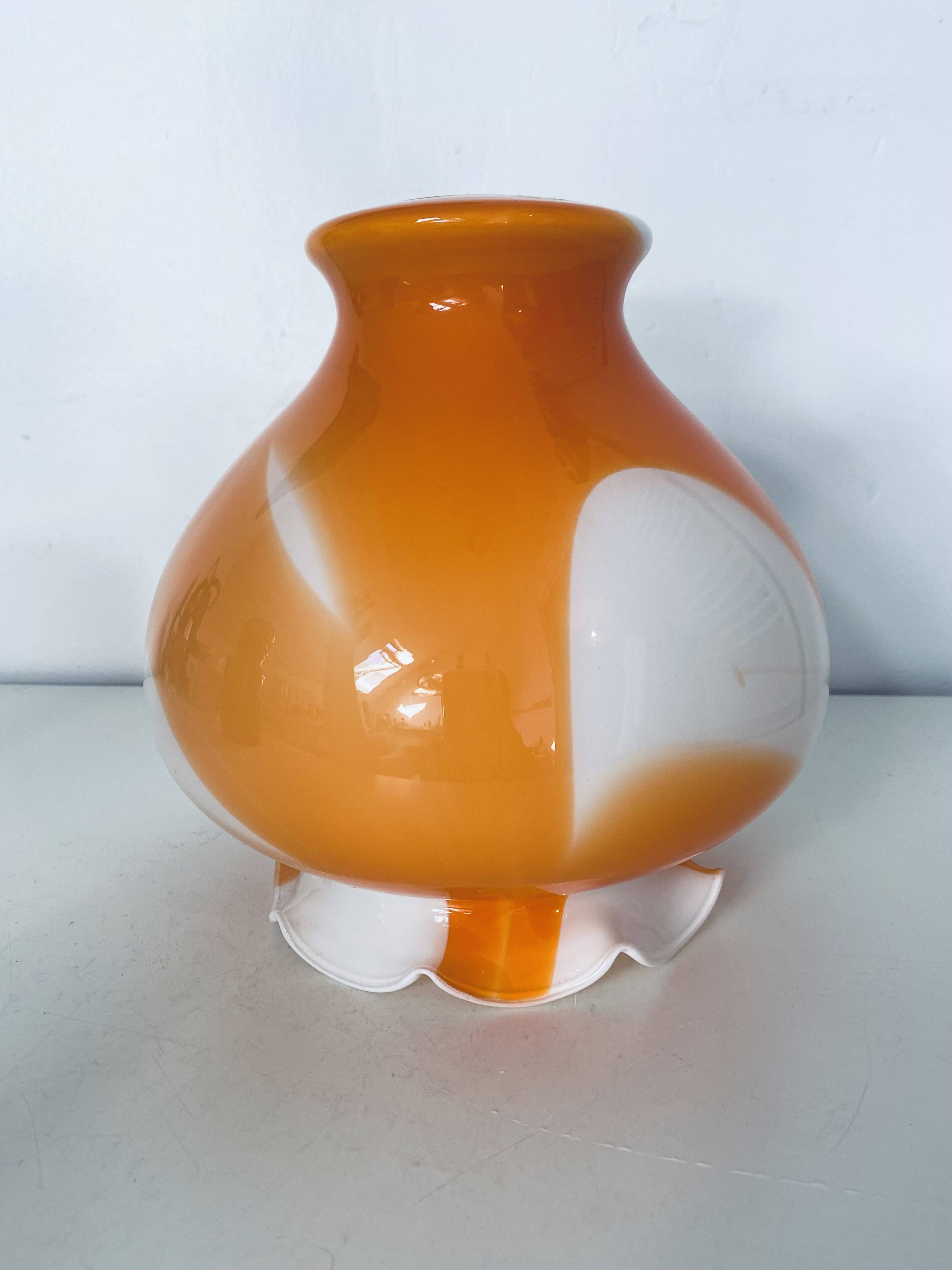 Globe lampshade in orange and white glass, vintage 1970s Space Age.