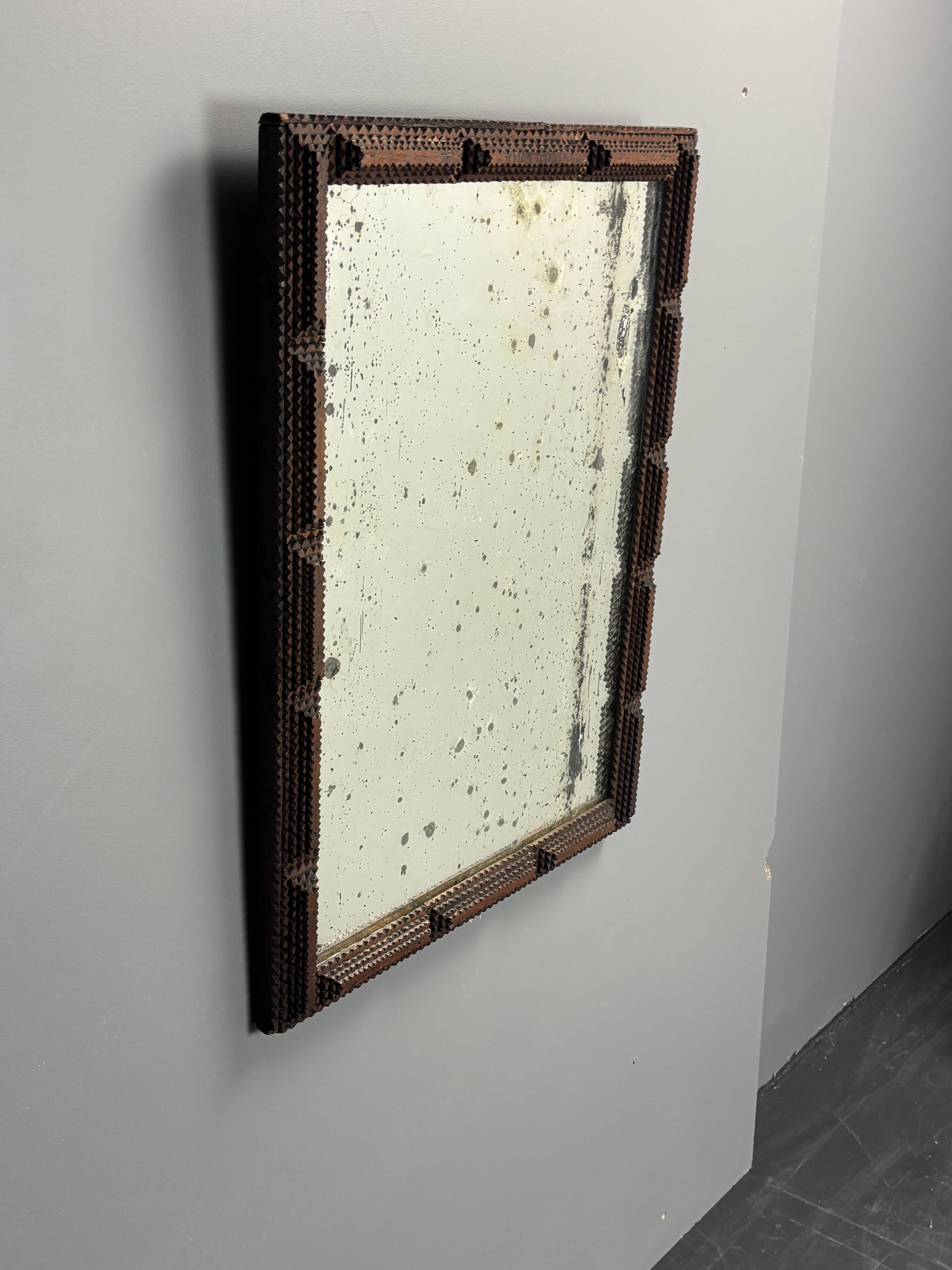 Antique tramp art folk art distressed mirror, Belgium ca 1900s