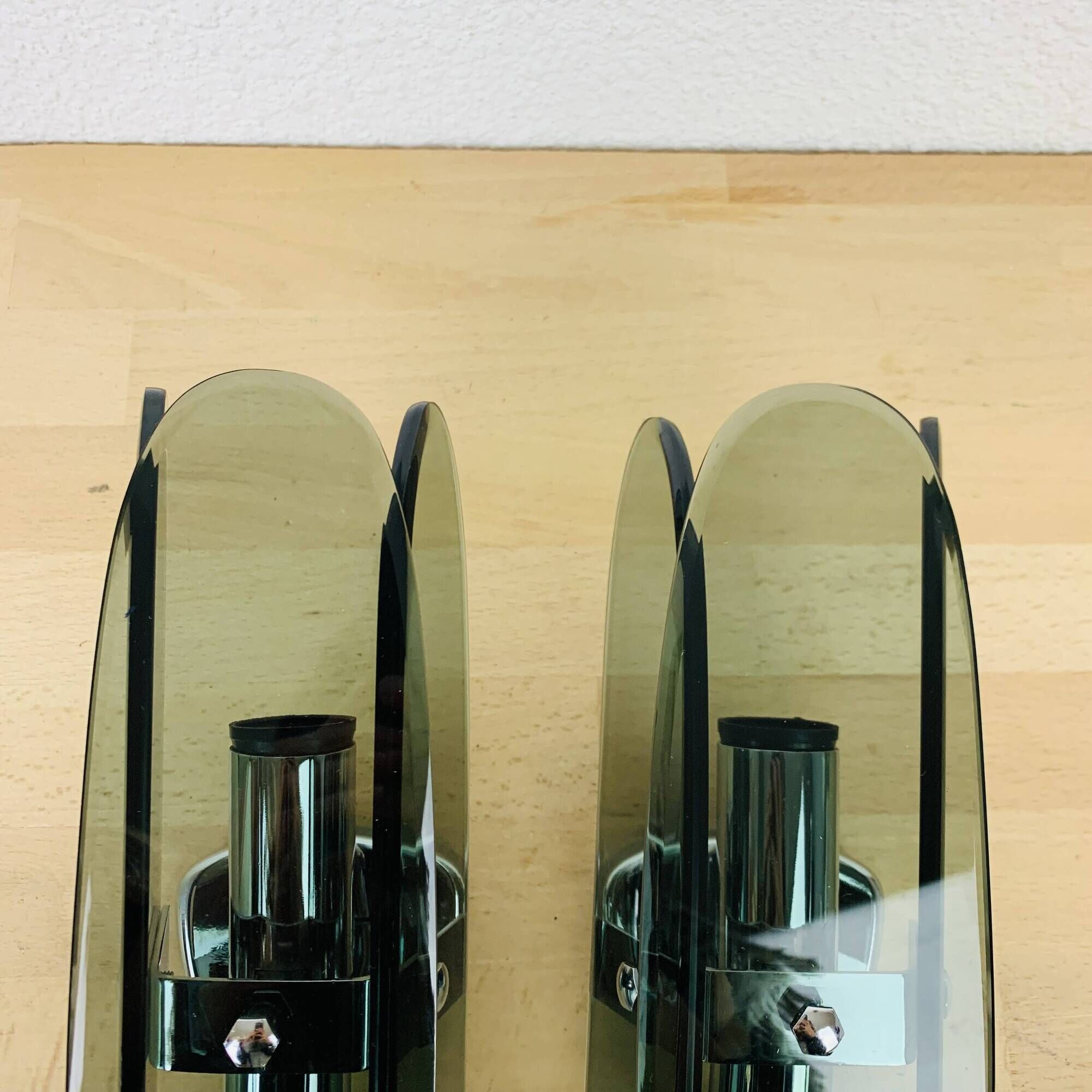 Pair of 70s smoked glass chrome wall lights