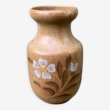 Grand vase artisanal 26cm fleur motif floral poterie fait main vintage ancien peint à la main