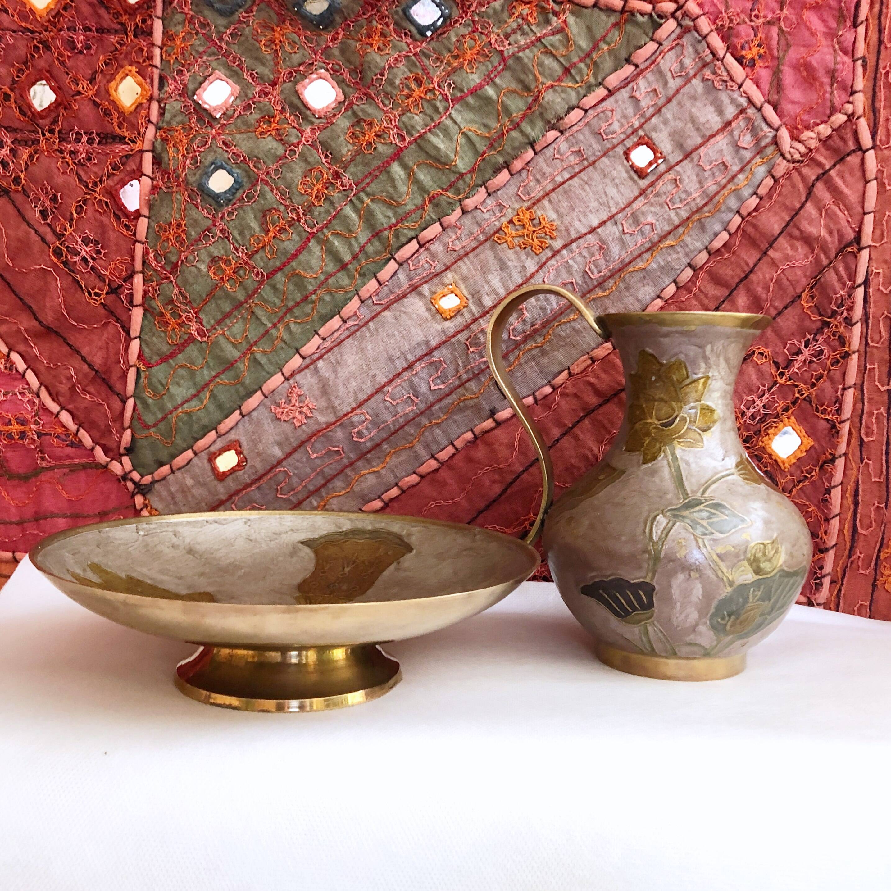 Enamelled brass carafe and cup set