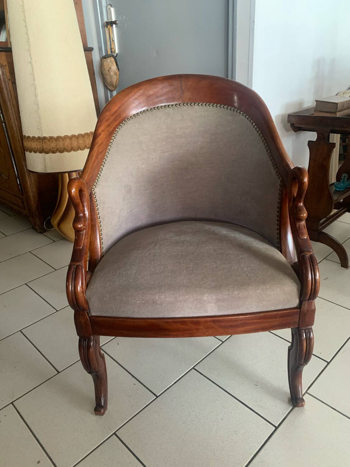 Antique armchair, Restoration style, swan neck