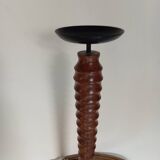 Vintage turned wooden candle holder, black metal candle base