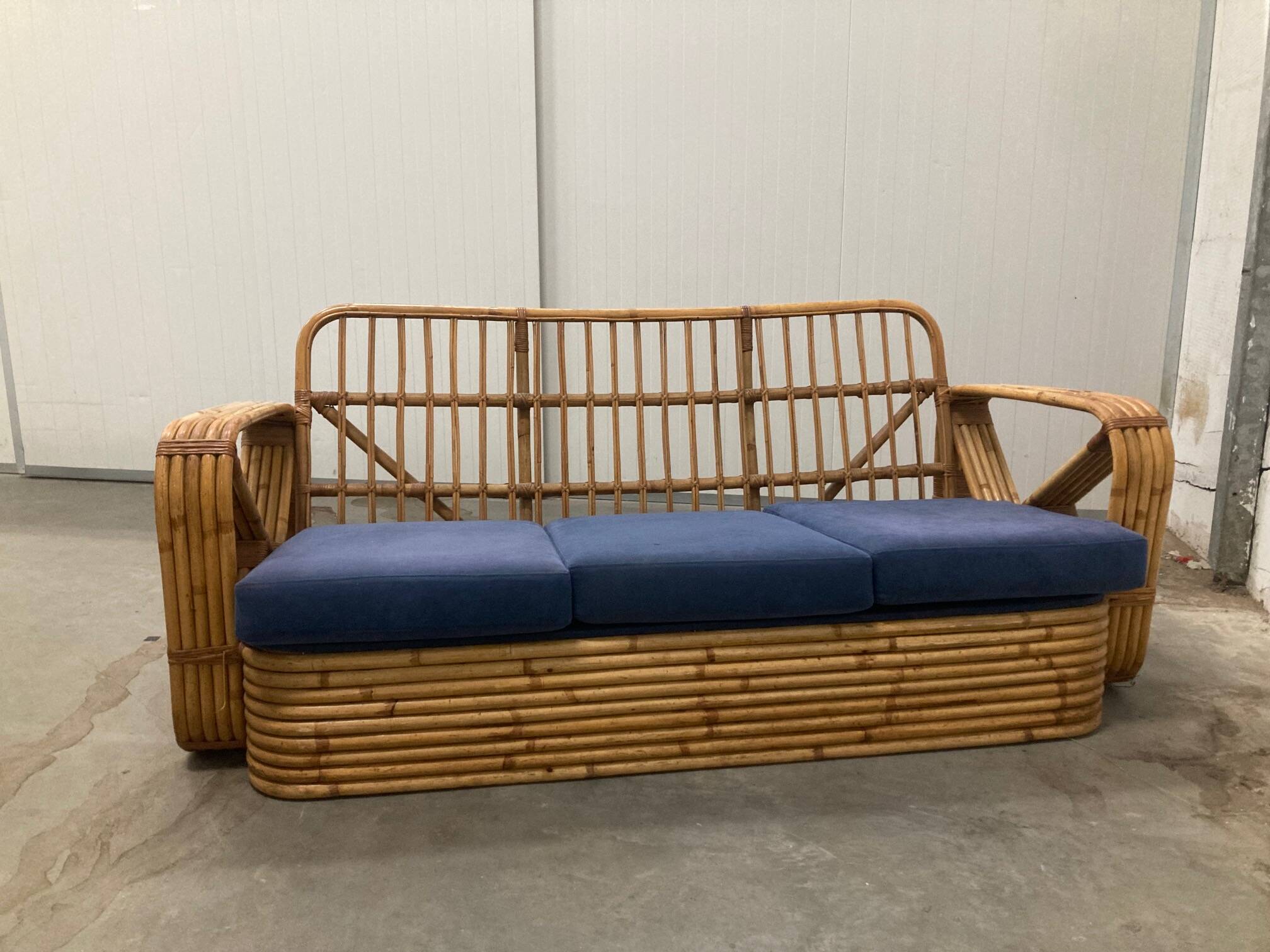 Exclusive Six Strand Rectangular Rattan 3-Seat Sofa after Paul Frankl, 50s