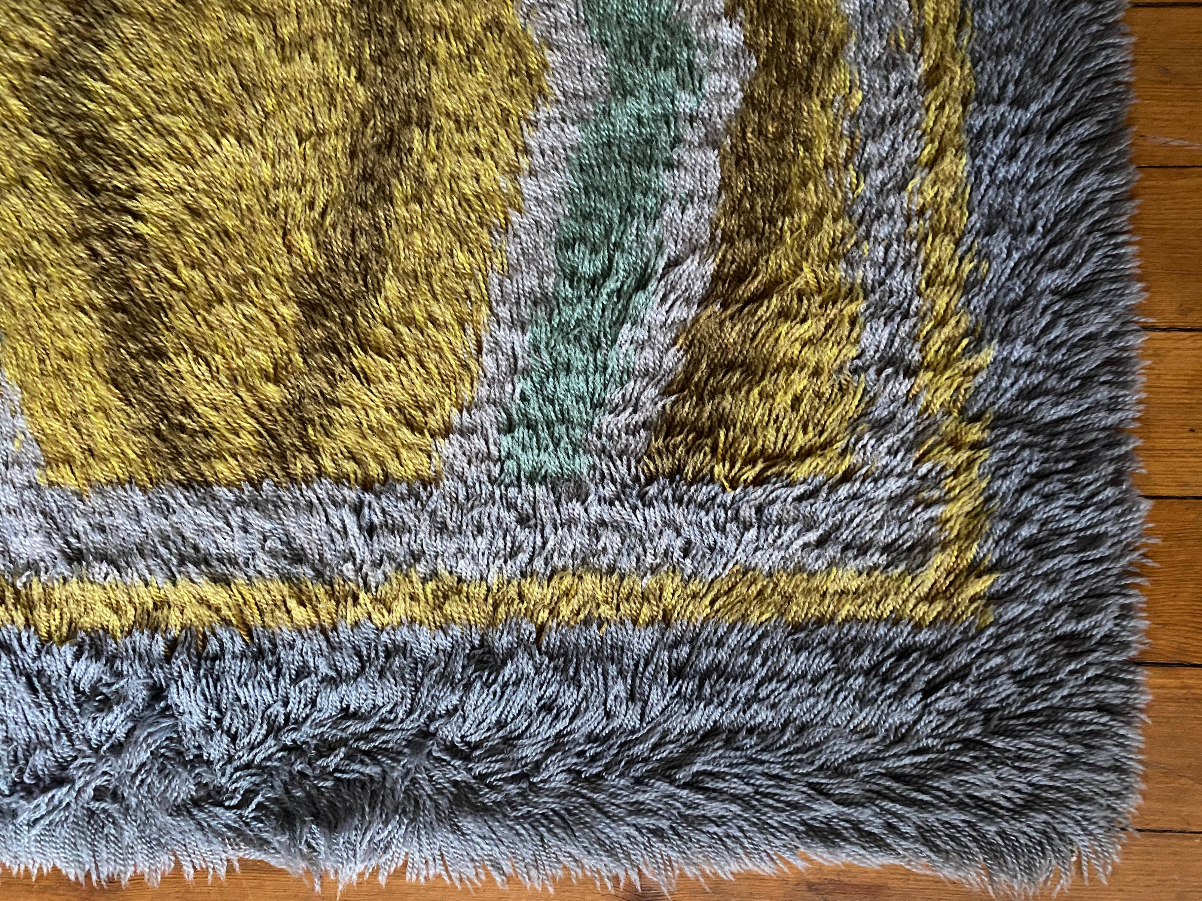 Mid-century Modern High Pile, Yellow, Aquamarine & Grey Rya Rug, Sweden, 1960s
