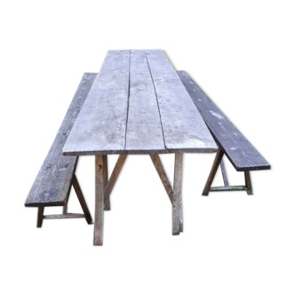 Vintage Guinguette table set with 2 benches