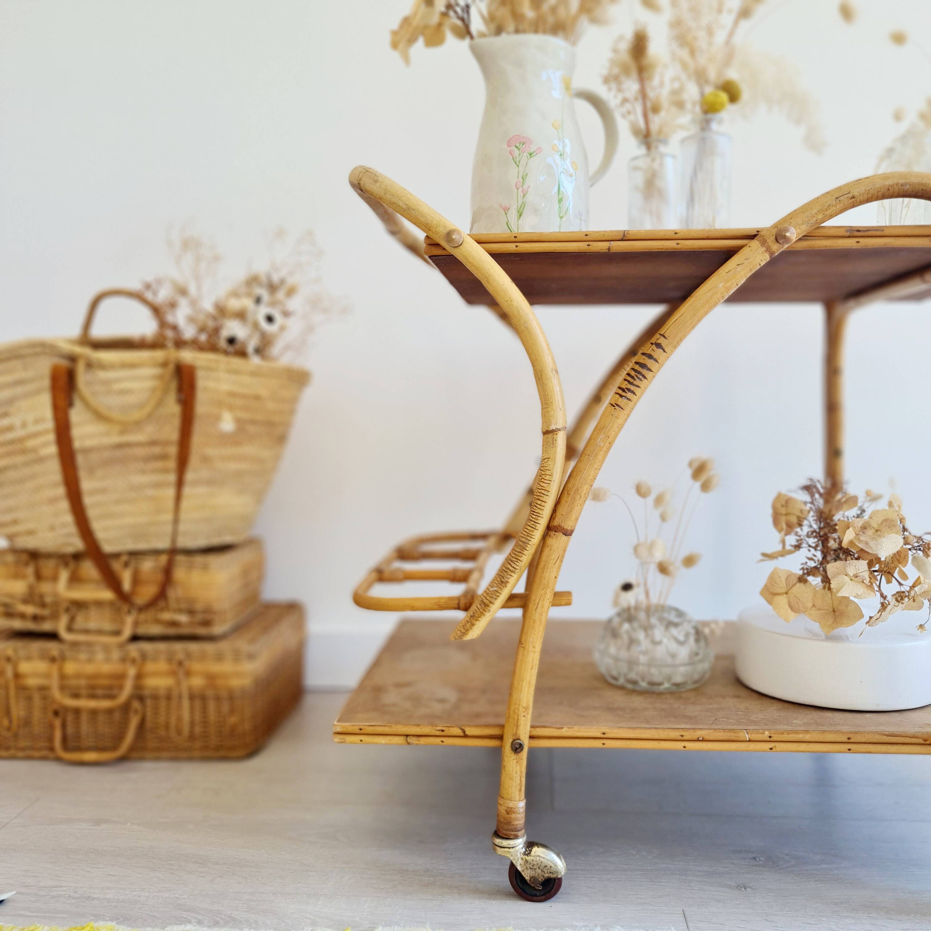 Antique rattan serving trolley with double shelves